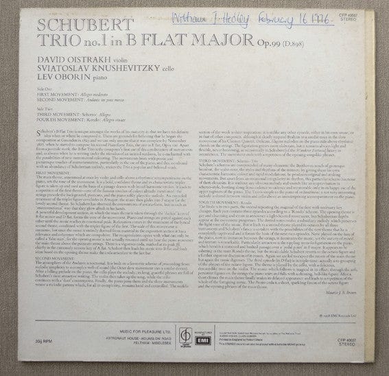 Franz Schubert - David Oistrakh Trio - Trio No. 1 In B Flat Major, Op.99 (D.898) (LP, Album, RE) - Funky Moose Records 2906737963- Used Records