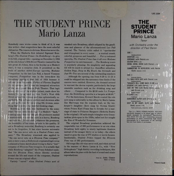 Mario Lanza - The Student Prince (LP, Album) - Funky Moose Records